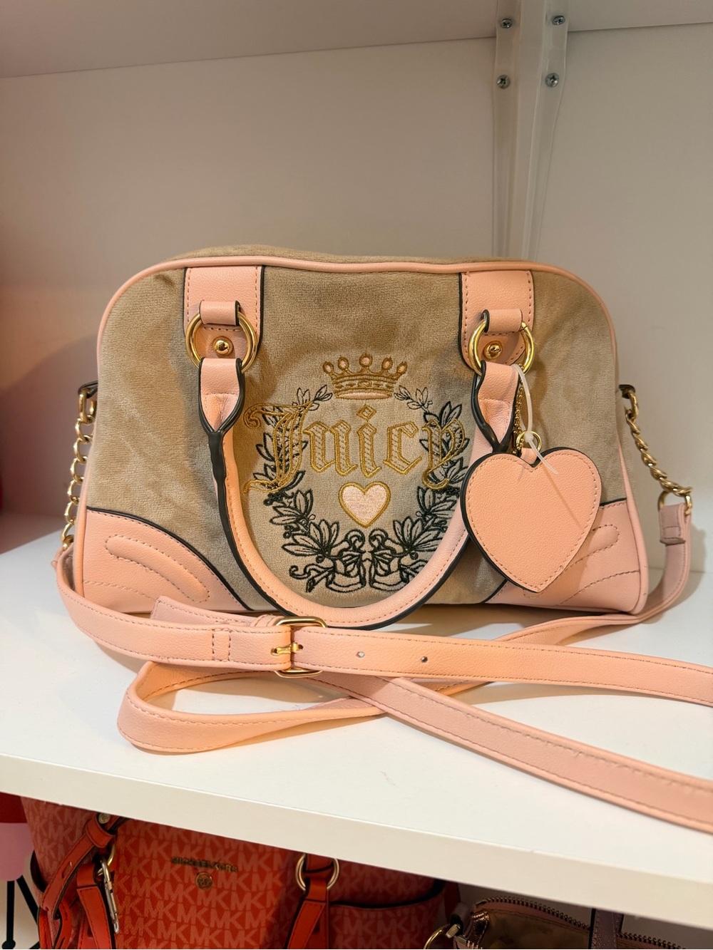 Juicy Couture Pink and Beige Heart Charm Satchel